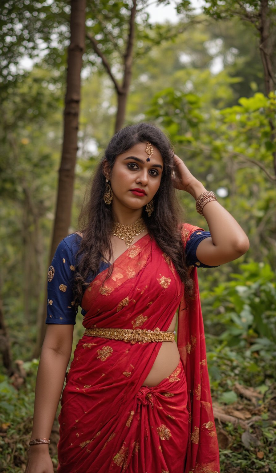 a woman with long, wavy brown hair stands in a forest. She in traditional outfit, adorned with a gold belt and a blue blouse, red saree, Her dress is adorned with gold stripes, adding a touch of color to the scene. The woman's attire is adorned by a gold necklace, adding an accent of charm to her outfit. The backdrop is lush, full of trees and foliage, creating a peaceful and natural backdrop.,mallu,Traditional,

The image is captured using a Fujifilm cinematic camera, with dramatic cinematic lighting enhancing the deep shadows and bright highlights. The scene is shot with a wide aperture, creating a shallow depth of field that blurs the forest background, making her the clear focal point. The camera angle is low, looking slightly upwards to give her an empowering, larger-than-life presence. The textures of the costume and her skin are rendered in high definition, with the soft, natural lighting adding a dreamlike quality to the image., (RAW photo, best quality), (realistic, photo-Realistic:1.1), best quality, masterpiece, beautiful and aesthetic, 16K, (HDR:1.2), high contrast, (vibrant color:1.3), (muted colors, dim colors, soothing tones:0), cinematic lighting, ambient lighting, sidelighting, Exquisite details and textures, cinematic shot, Warm tone, (Bright and intense:1.1), wide shot, by xm887, ultra realistic illustration, siena natural ratio,	head to thigh portrait,	long Wave hair, Traditional 