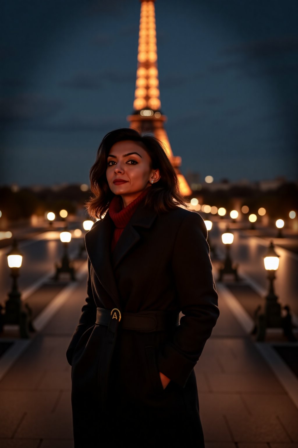 1girl, beautiful, paris, eiffel, night, masterpiece, best quality, high resolution, 8k, sharp focus, cinematography, cinematic lighting, movie scene, muted colors, professional, depth of field, photorealistic, magnificent, maximum details, (RAW, dslr, hdr, highest quality), smooth, roughness, hyper realistic, film grain, bokeh, epic, dramatic, wearing long coat, cinematic long shot, wide shot, full body shot, her long, looking at camera, smile, stand pose,Mallu woman