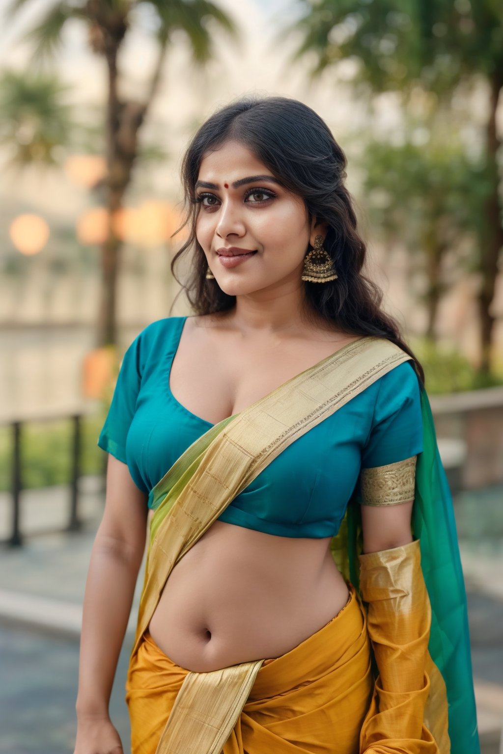 A beautiful Indian woman wearing a traditional saree, draped in a style that reveals her midriff and navel. The saree is richly colored and adorned with intricate patterns and embroidery, with a matching blouse (choli) that has short sleeves and a deep neckline. The pallu of the saree is gracefully draped over her shoulder, falling softly to one side, while her navel is tastefully visible where the saree is wrapped around her waist. She is adorned with traditional jewelry, including a maang tikka, jhumka earrings, a nose ring, bangles, and anklets. Her skin has a warm tone, and her long, dark hair is styled either in a loose braid or cascading waves. The setting is softly lit, focusing on her elegant pose and the cultural richness of her attire, with warm, natural lighting that enhances the details of the fabric and her jewelry.

cinematic angle, (cinematic shadows, bokeh, depth of field:1.3) , (High detail RAW Photo), (extremely detailed skin, photorealistic, heavy shadow, dramatic and cinematic lighting, key light, fill light), sharp focus, cinematic, imperfect skin, fabrics, textures, detailed face, detailed skin, detailed fingers, NaturalHand2-3500, analog film photo Deep photo,depth of field,ferrania p30 film,shadows, perfect face and body, 