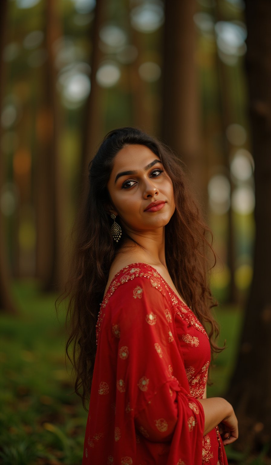 a woman with long, wavy brown hair stands in a forest. She is dressed in a two-piece outfit,creating a peaceful and natural backdrop.,mallu,Traditional,The image is captured using a Fujifilm cinematic camera, with dramatic cinematic lighting enhancing the deep shadows and bright highlights. making her the clear focal point. The camera angle is low, looking slightly upwards to give her an empowering, larger-than-life presence. The textures of the costume and her skin are rendered in high definition, with the soft, natural lighting adding a dreamlike quality to the image., (RAW photo, best quality), (realistic, photo-Realistic:1.1), best quality, masterpiece, beautiful and aesthetic, 16K, (HDR:1.2), high contrast, (vibrant color:1.3), (muted colors, dim colors, soothing tones:0), cinematic lighting, ambient lighting, sidelighting, Exquisite details and textures, cinematic shot, Warm tone, (Bright and intense:1.1), wide shot, by xm887, ultra realistic illustration, siena natural ratio,	head to thigh portrait,	long Wave hair, Traditional 