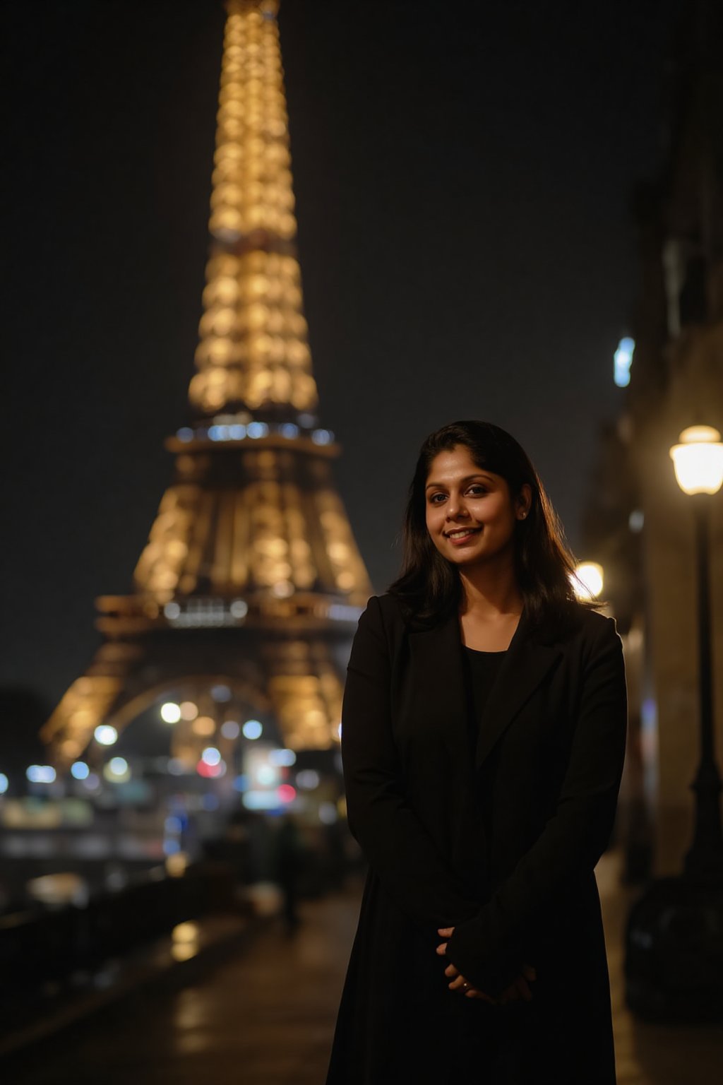 1girl, beautiful, paris, eiffel, night, masterpiece, best quality, high resolution, 8k, sharp focus, cinematography, cinematic lighting, movie scene, muted colors, professional, depth of field, photorealistic, magnificent, maximum details, (RAW, dslr, hdr, highest quality), smooth, roughness, hyper realistic, film grain, bokeh, epic, dramatic, wearing long coat, cinematic long shot, wide shot, full body shot, her long, looking at camera, smile, stand pose,Mallu woman,Mallu beauty 