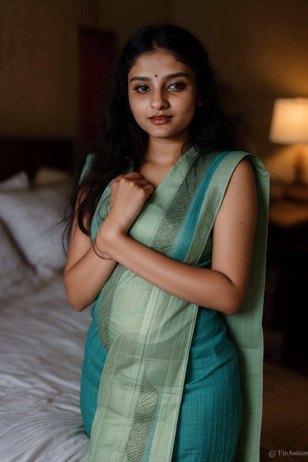 A stunning 25-year-old woman with short hair and double eyelids sits serenely in a dimly lit bedroom, her glowing skin glistening with subtle sheen. Glossy blue eyes lock onto the camera, surrounded by delicate facial features. Her hands gently cover her chest, where wet oil hair cascades down her navel. A traditional mallu ornaments-adorned saree flows effortlessly around her, under a 35mm lens capturing every intricate detail.