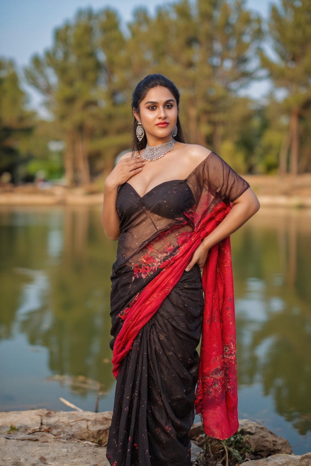 Captured at eye-level, a beautiful Indian woman, dressed in a black and red saree, stands in front of a body of water. Her hair is pulled back in a ponytail, and she's wearing a pair of silver earrings. Her left hand is resting on her hip, and her right hand is draped over her right shoulder. Exposed navel,  and the backdrop is a blend of green and brown trees.