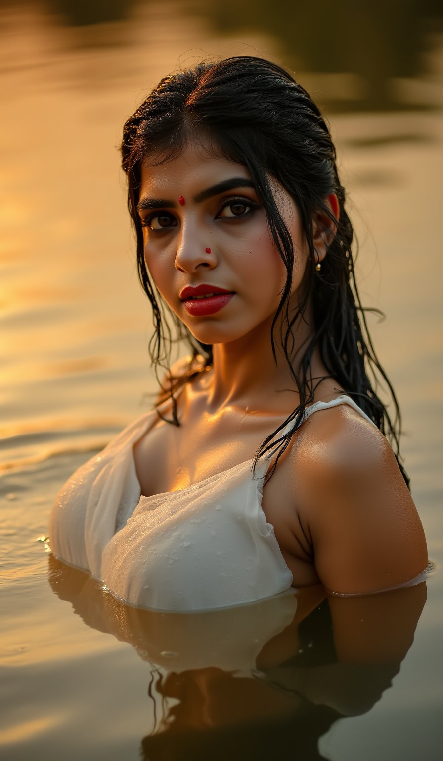 A highly realistic scene of a young woman partially submerged in calm water during sunset. Her skin has natural, human-like textures with soft lighting reflecting off her wet face. She is wearing a traditional white sari with subtle golden accents, drenched in the water. Her hair is loosely tied, with wet strands falling naturally around her face. Her expression is soft and serene, and she wears a small red bindi on her forehead with sindoor in her hair parting. The background shows the realistic reflections of trees and a warm sky, creating a peaceful, lifelike atmosphere real-like features."