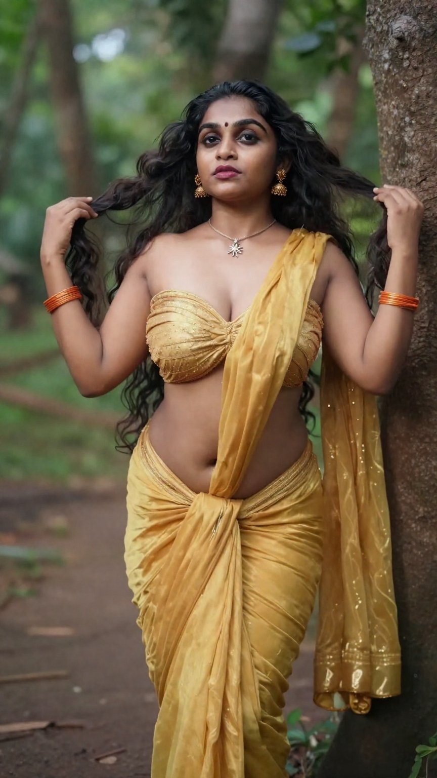 Cinematic photograph of a tall young South Asian woman with realistic warm skin tone and very very long thigh-length wavy...