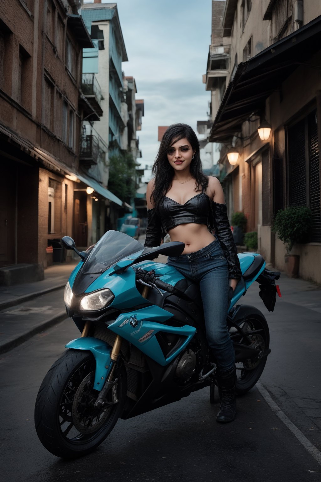 A stunning Malayali woman with short hair, dressed in a modern, stylish outfit that exposes her midriff. She is confidently riding a BMW S1000RR motorcycle, captured in a realistic, high-definition photography style. The woman has an expressive face, reflecting excitement and thrill as she rides the bike. Her outfit is contemporary, perhaps a crop top paired with high-waisted jeans or a leather jacket, fitting the sleek and bold vibe of the scene.

The image is color graded in a cinematic style, reminiscent of the Matrix movie, with a strong teal and orange color palette that enhances the intensity of the scene. The lighting creates a dramatic effect, highlighting the contours of her face and the shine of the motorcycle. The background is slightly blurred to emphasize motion, but still hints at an urban environment. The overall composition exudes a sense of modernity, freedom, and adventure, with the woman and the bike as the focal points.
