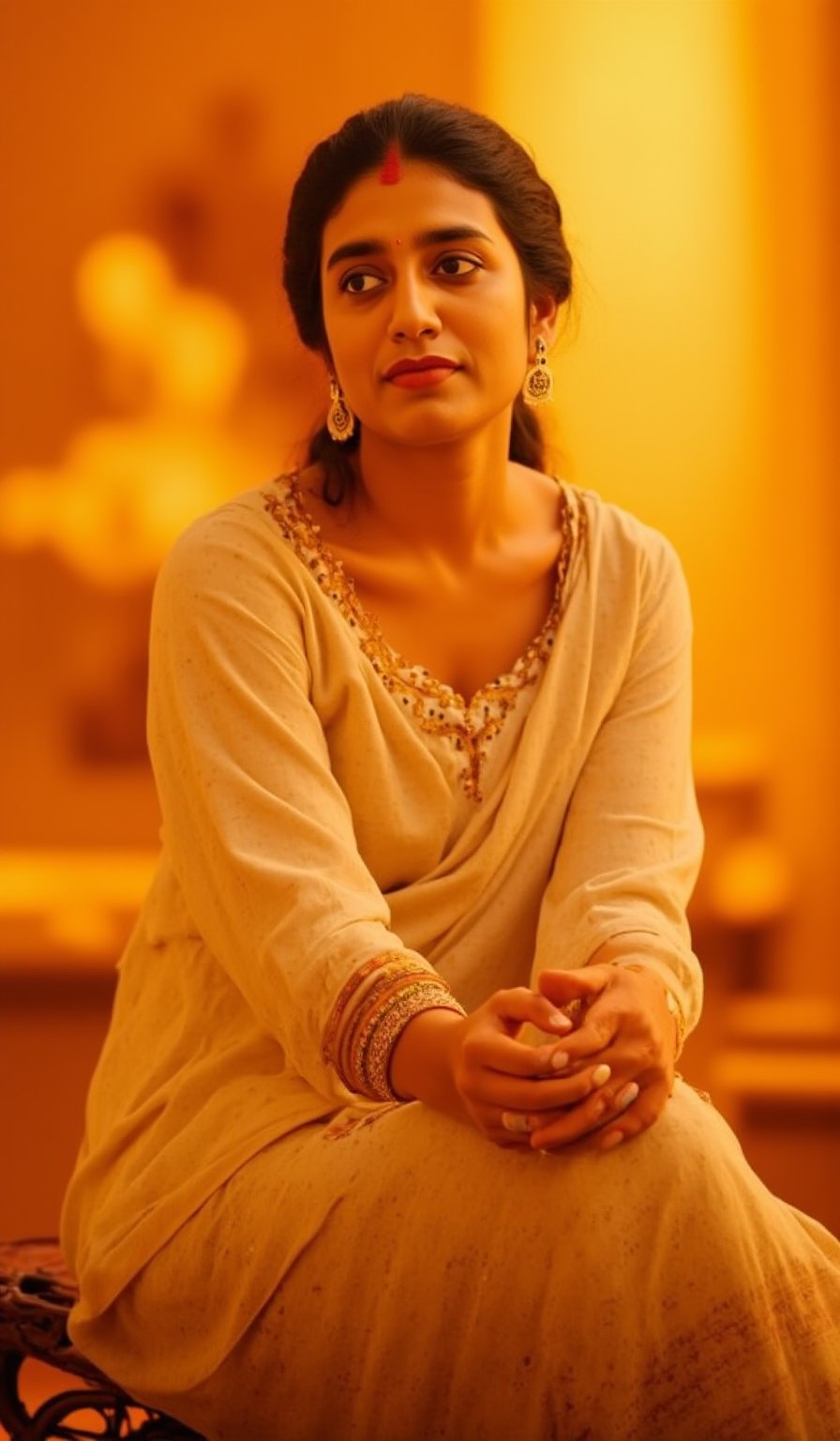 A serene portrait of Kalayani Priyadarshan: A warm golden light illuminates her gentle face, framed by a soft focus blurred background. She sits comfortably on a intricately carved wooden stool, her hands folded in her lap. Her eyes, like pools of calm water, gaze softly into the distance, radiating kindness and wisdom.,ആതിര 