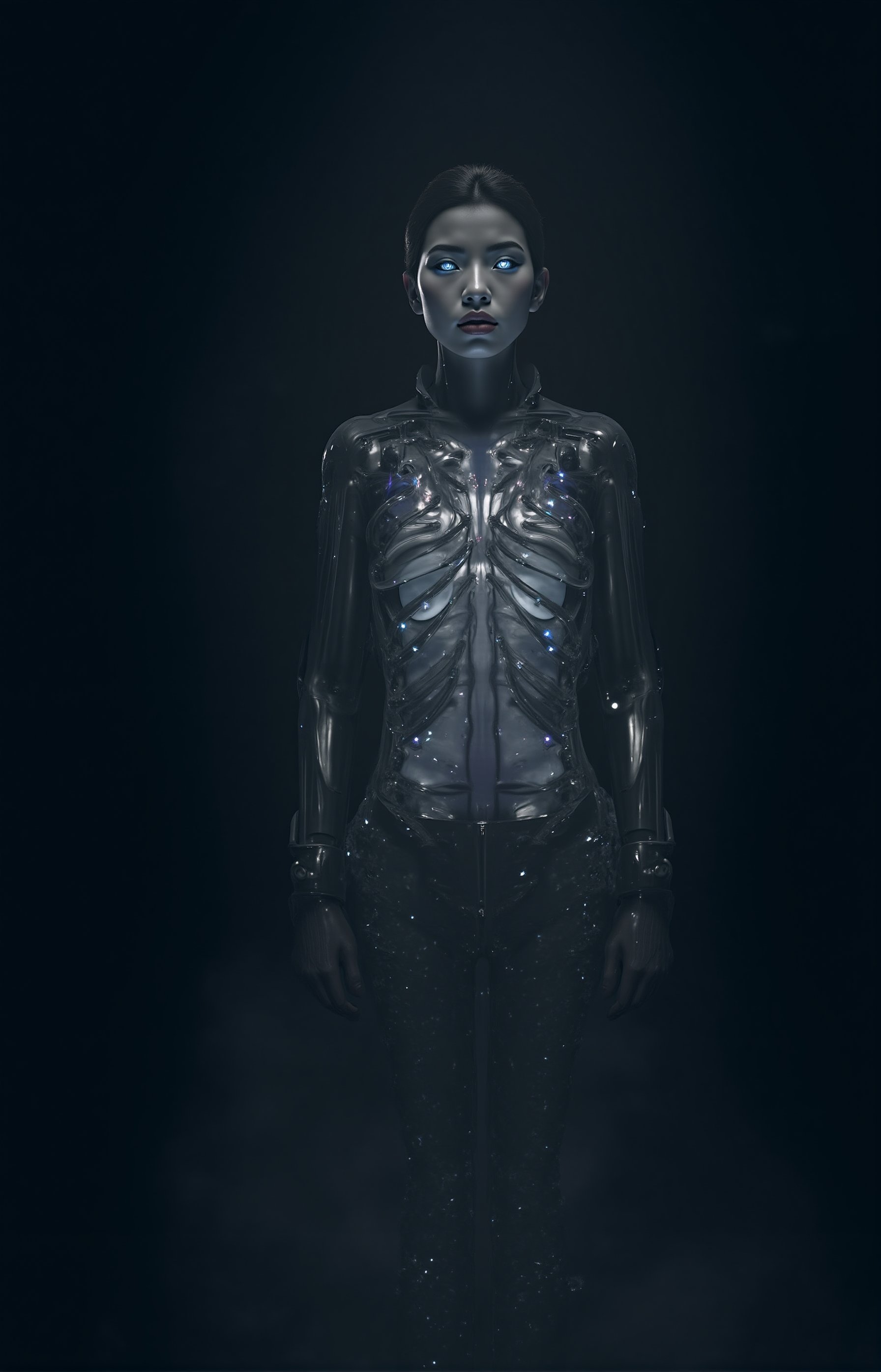 photorealistic,portrait of hubggirl, A dramatic shot  against a dark, smoky backdrop, a stunning cybernetic girl stands tall within a docking station's metallic confines. She gazes intensely through enhanced sensory capabilities, her porcelain skin illuminated by the glass rib cage's soft glow and refracted holographic projections. hued hair long style, as neon cables and gears pulse inside her transparent torso. A Special Operator robot reclines nearby, its silver locks falling in elegant waves down its armored physique. The scene is set against the ruins of a futuristic mining facility, with bioluminescent attire casting a soft glow on the glass warrior woman's transparent torso, highlighting intricate Rococo-inspired cyberpunk details and delicate ruffles adorned with metallic sheen.,Sree