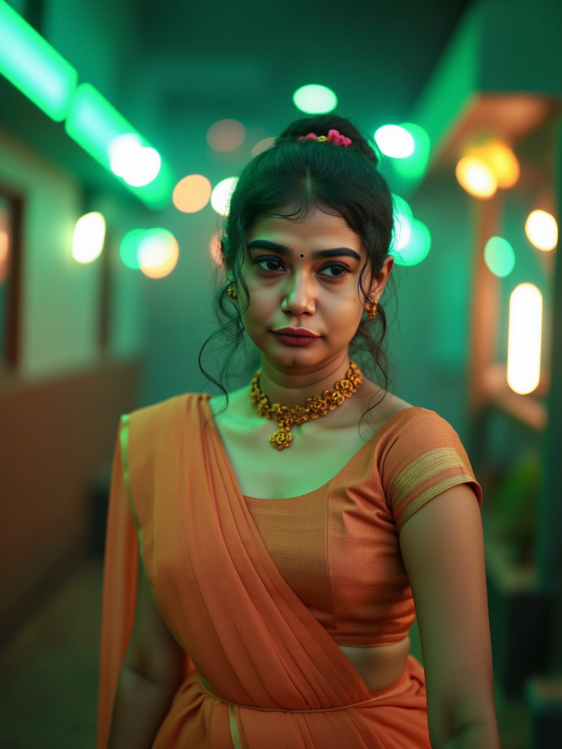 A mallu steampunk women, saree, midriff, The atmosphere is fun and inviting, featuring colors like teal and orange, gray, light green, purple, and orange. Neon lights in green illuminate the space, creating a bokeh and Depth of Fieldeffect. The focus is on the girl from the torso to the head, captured in a cinematic style with a Sony A7R IV full-frame camera,Futuristic,Girl16yo