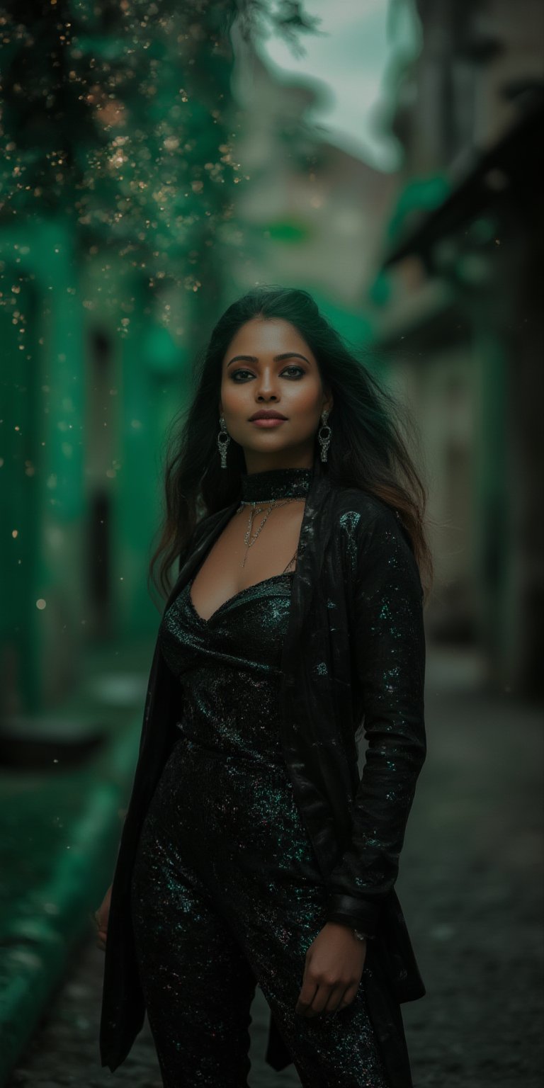 A photorealistic portrait of an Indian woman with a caramel complexion and long, flowing black hair. She is wearing a form-fitting black jumpsuit with holographic details and a long trench coat. Her expression is calm and confident as she stands in a futuristic, dark alleyway with green neon lights illuminating the scene. The background features floating digital symbols, adding a sci-fi Matrix vibe. The lighting is moody, with a green glow reflecting off her tech gear, giving her an otherworldly presence.
