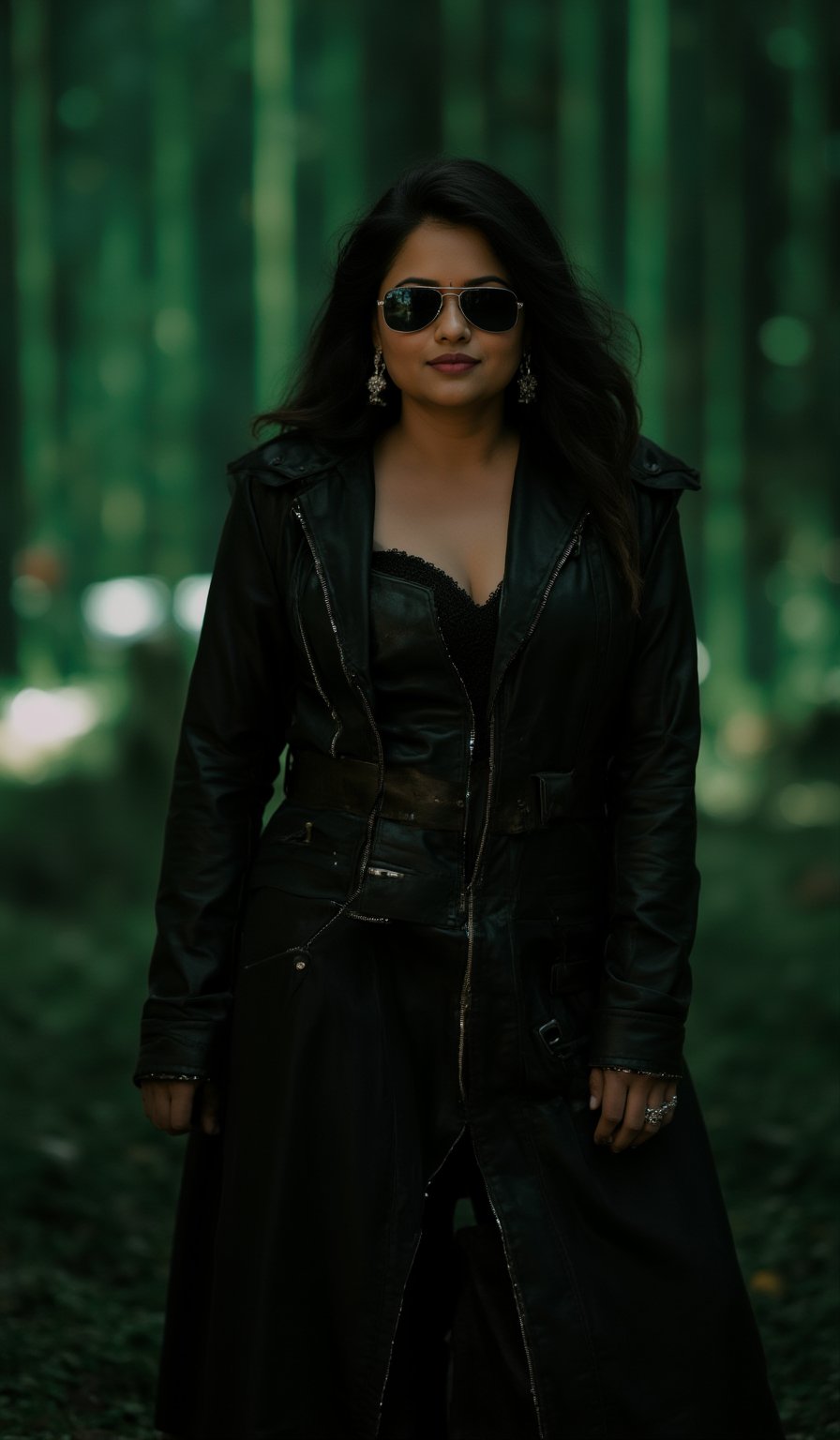 A photorealistic portrait of an Indian woman in her late 20s with dark brown skin, long straight black hair, and sharp features. She is dressed in a sleek black leather coat with futuristic, tech-inspired accessories. Her eyes are covered by black reflective sunglasses, giving her a mysterious, powerful look. The background is a dark, cyberpunk cityscape with green digital rain falling behind her, reminiscent of the Matrix. The lighting is low, with glowing neon lights reflecting off her leather outfit, enhancing the dramatic, action-movie atmosphere.
