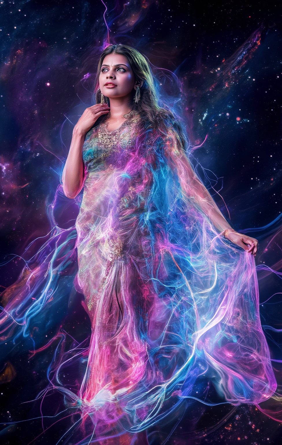 A photorealistic, high-definition image of a woman in a saree, her body glowing with vibrant plasma and emitting energy. The saree flows gracefully, illuminated by neon hues, as cosmic energy pulses from her form. Captured with cinematic lighting on a Fujifilm camera, her face and figure are rendered in stunning detail. The cosmic backdrop of stars and swirling nebulae adds a surreal, otherworldly atmosphere. The word "PATTAPERUKKI" is elegantly displayed in glowing text, blending with the cosmic energy.,Cosmic 