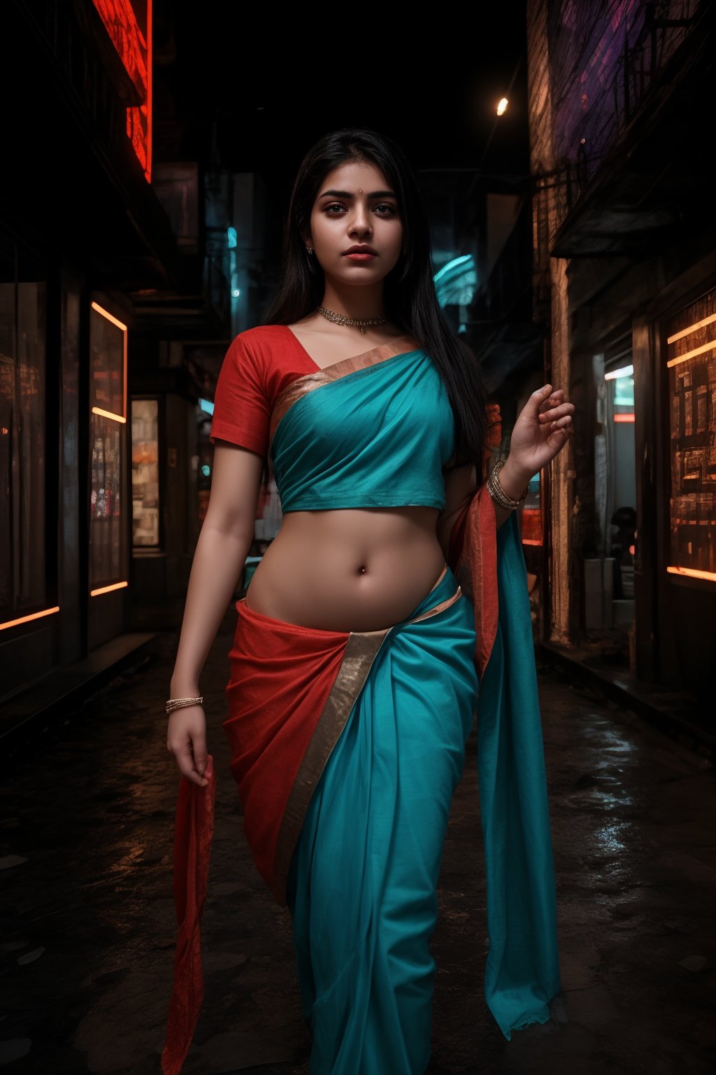 In a neon-drenched cyberpunk world, a stunning 20-year-old woman wears  saree fully covered, navel covered with transparent saree  glistening under Tron-like lights.  as vibrant Matrix-inspired hues of electric blue and fiery orange dance across her features.,Saree 