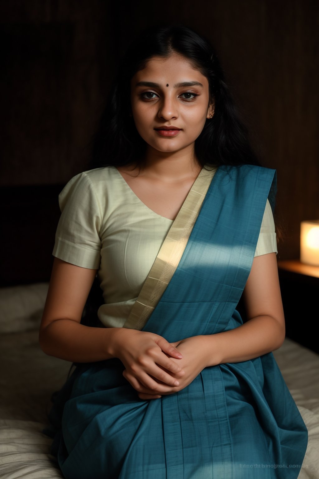 A stunning 25-year-old woman with short hair and double eyelids sits serenely in a dimly lit bedroom, her glowing skin glistening with subtle sheen. Glossy blue eyes lock onto the camera, surrounded by delicate facial features. Her hands gently cover her chest, where wet oil hair cascades down her navel. A traditional mallu ornaments-adorned saree flows effortlessly around her, under a 35mm lens capturing every intricate detail.dark theam:1, lower light, light only on subject, 