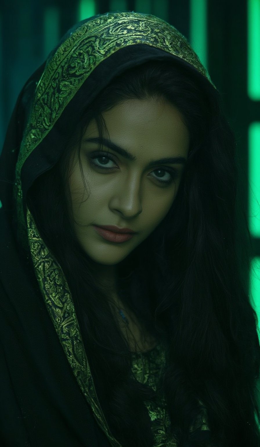 ((indian woman in matrix movie)), absurdres, high resolution, Realism, VFX, Moody Lighting