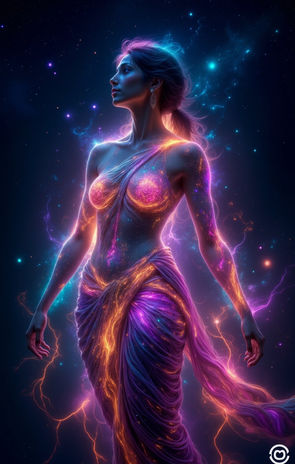 A photorealistic, high-definition image of a woman in a saree, her body glowing with vibrant plasma and emitting energy. The saree flows gracefully, blouse , illuminated by neon hues, as cosmic energy pulses from her form. Captured with cinematic lighting on a Fujifilm camera, her face and figure are rendered in stunning detail. The cosmic backdrop of stars and swirling nebulae adds a surreal, otherworldly atmosphere. The word "PATTAPERUKKI" is elegantly displayed in glowing text, blending with the cosmic energy.,Cosmic,Sahana15