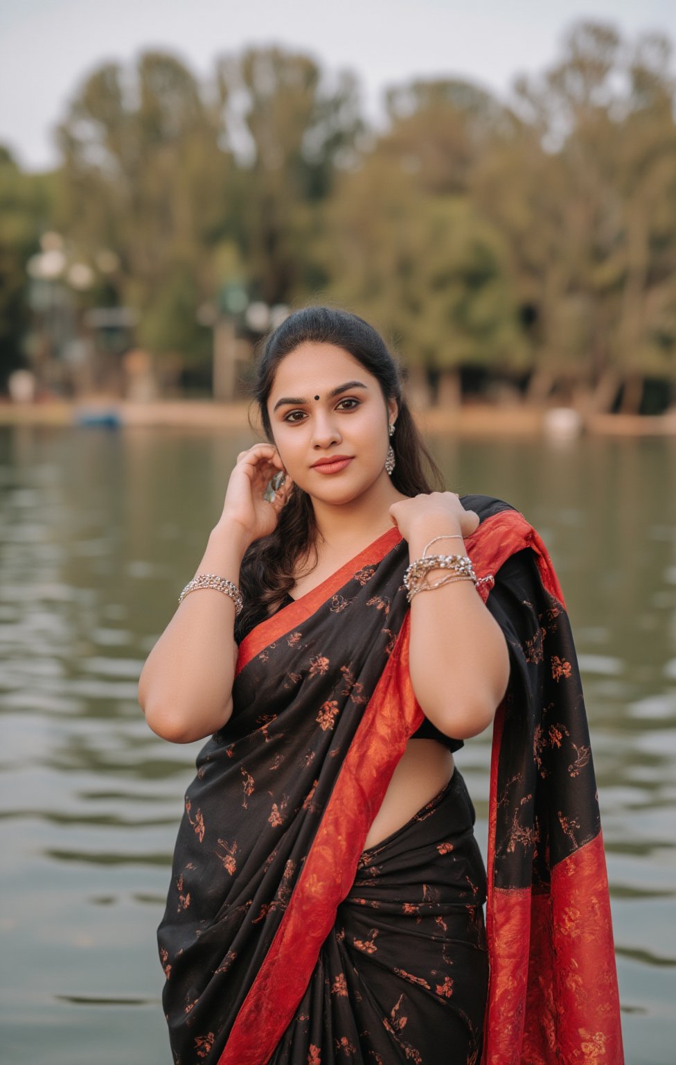 Captured at eye-level, a beautiful Indian woman, dressed in a black and red saree, stands in front of a body of water. Her hair is pulled back in a ponytail, and she's wearing a pair of silver earrings. Her left hand is resting on her hip, and her right hand is draped over her right shoulder. Exposed navel,  and the backdrop is a blend of green and brown trees.