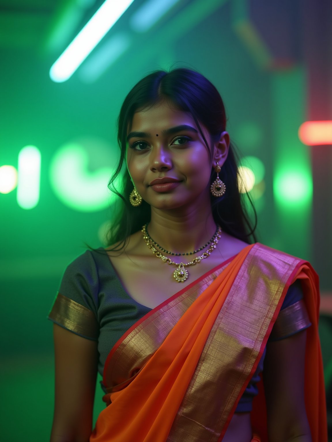 A mallu steampunk women, saree, midriff, The atmosphere is fun and inviting, featuring colors like teal and orange, gray, light green, purple, and orange. Neon lights in green illuminate the space, creating a bokeh and Depth of Fieldeffect. The focus is on the girl from the torso to the head, captured in a cinematic style with a Sony A7R IV full-frame camera,Futuristic,Girl16yo