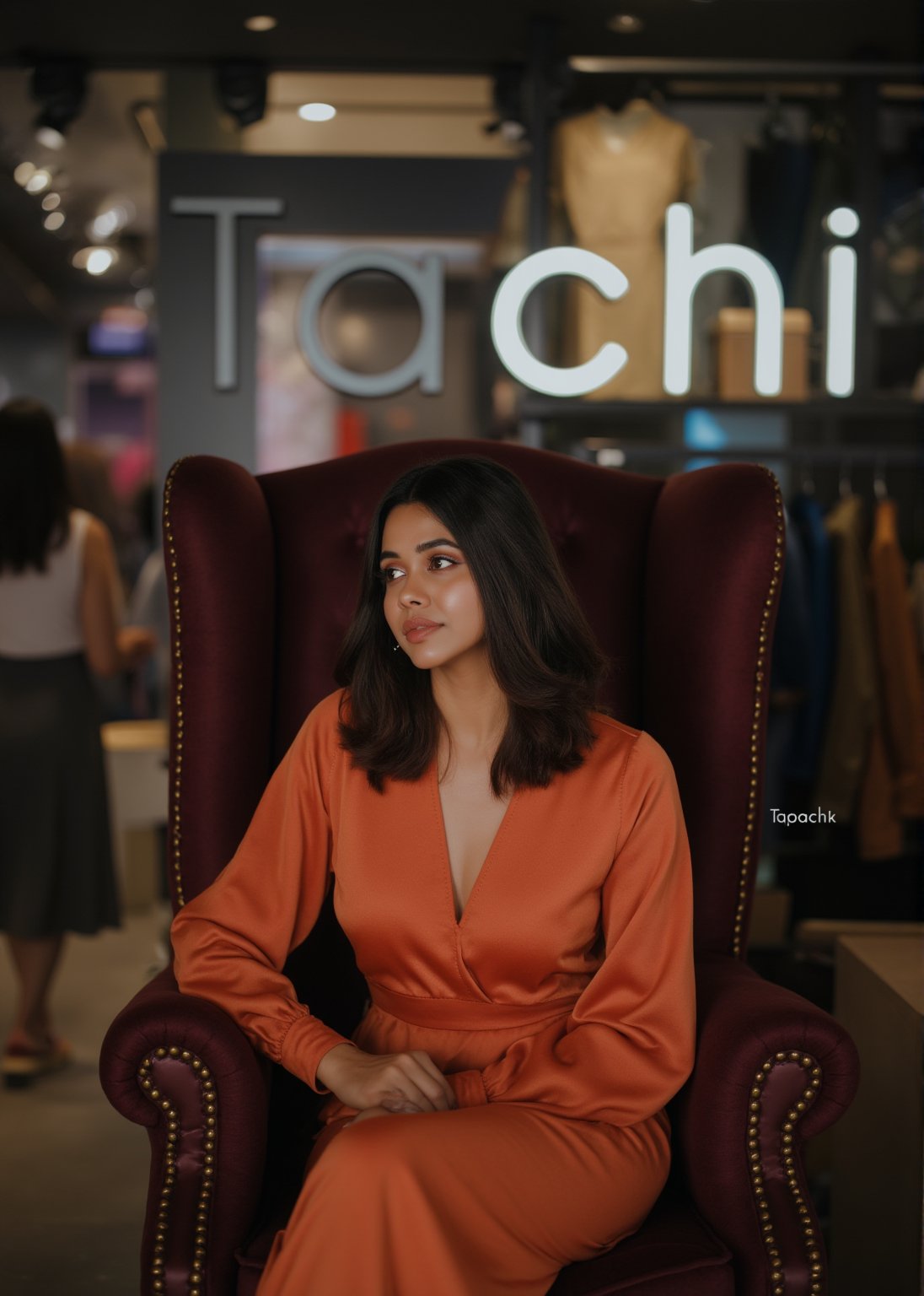 A beautiful woman sits elegantly on a luxurious throne in the center of a stylish boutique dress shop. Behind her, the name of the shop, "Tachi by taachhi" is displayed prominently in glowing, oversized letters, with cinematic lighting highlighting the scene. In the background, some girls are walking around, browsing through the clothing racks. The focus is on the woman and the bold, glowing shop name, blending seamlessly into the stylish environment.,Tanyx