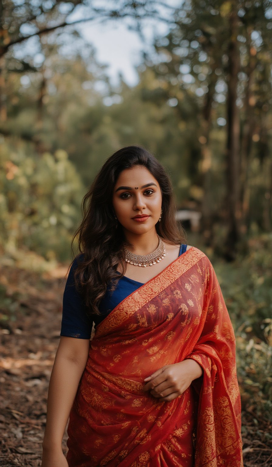 a woman with long, wavy brown hair stands in a forest. She in traditional outfit, adorned with a gold belt and a blue blouse, red saree, Her dress is adorned with gold stripes, adding a touch of color to the scene. The woman's attire is adorned by a gold necklace, adding an accent of charm to her outfit. The backdrop is lush, full of trees and foliage, creating a peaceful and natural backdrop.,mallu,Traditional,

The image is captured using a Fujifilm cinematic camera, with dramatic cinematic lighting enhancing the deep shadows and bright highlights. The scene is shot with a wide aperture, creating a shallow depth of field that blurs the forest background, making her the clear focal point. The camera angle is low, looking slightly upwards to give her an empowering, larger-than-life presence. The textures of the costume and her skin are rendered in high definition, with the soft, natural lighting adding a dreamlike quality to the image., (RAW photo, best quality), (realistic, photo-Realistic:1.1), best quality, masterpiece, beautiful and aesthetic, 16K, (HDR:1.2), high contrast, (vibrant color:1.3), (muted colors, dim colors, soothing tones:0), cinematic lighting, ambient lighting, sidelighting, Exquisite details and textures, cinematic shot, Warm tone, (Bright and intense:1.1), wide shot, by xm887, ultra realistic illustration, siena natural ratio,	head to thigh portrait,	long Wave hair, Traditional,Enhanced all