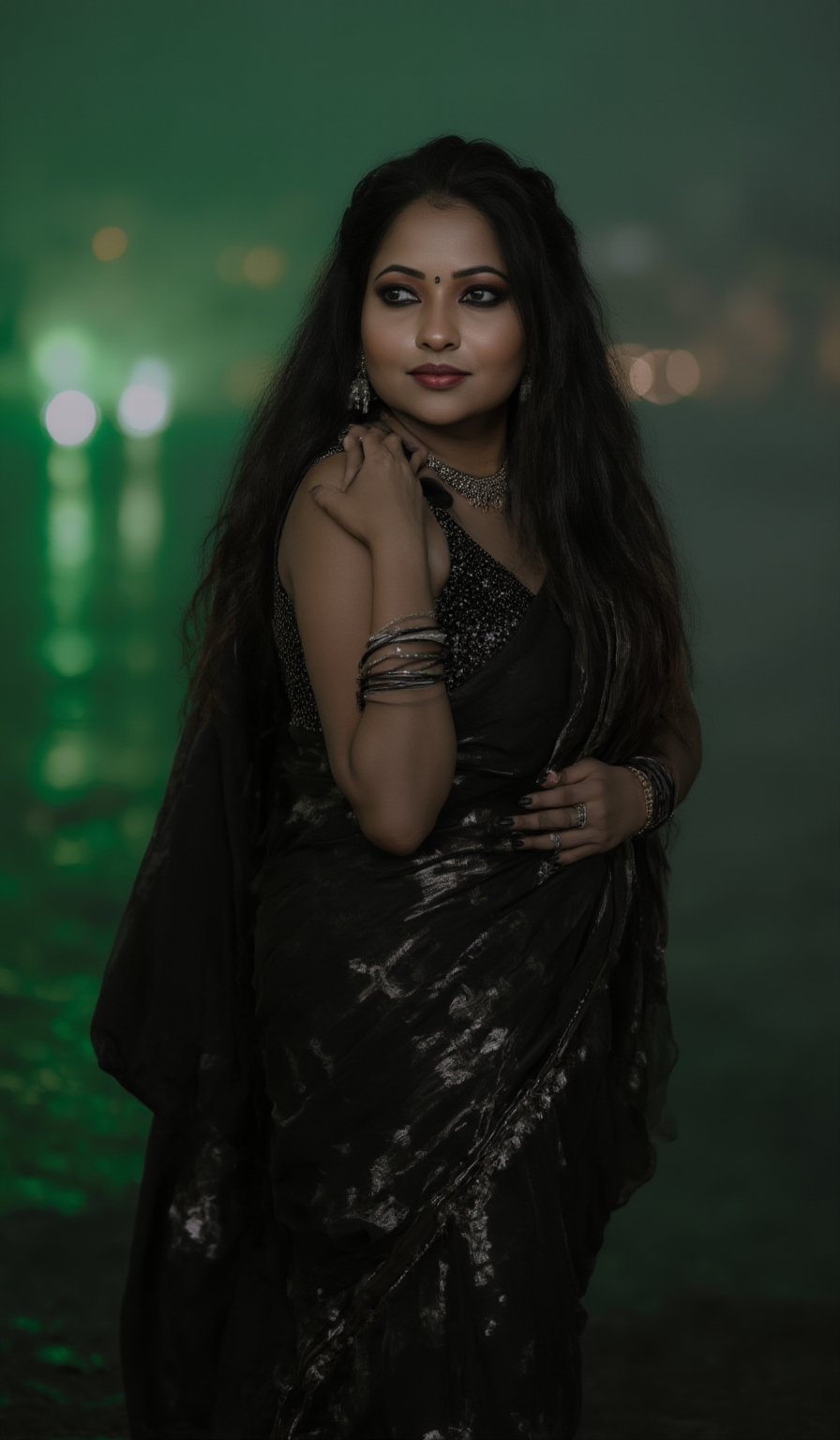 A photorealistic portrait of an Indian woman in her late 20s with dark brown skin, long straight black hair, and sharp features. She is dressed in a saree , top of that saree a sleek black leather coat with futuristic, tech-inspired accessories. Her eyes  giving her a mysterious, powerful look. The background is a dark, cyberpunk cityscape with green digital rain falling behind her, reminiscent of the Matrix. The lighting is low, with glowing neon lights reflecting off her leather outfit, enhancing the dramatic, action-movie atmosphere.
