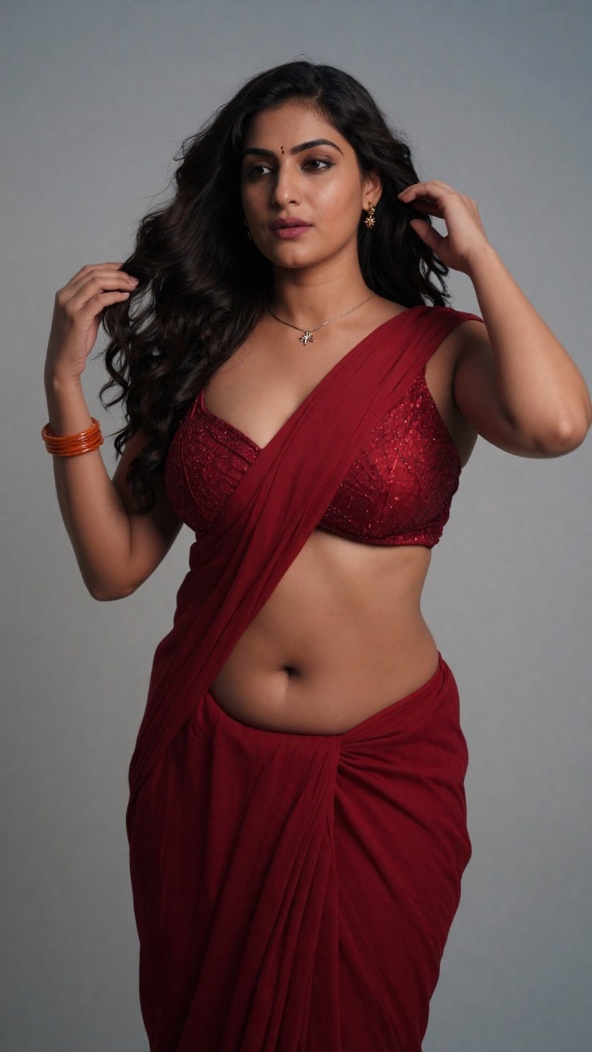 Cinematic photograph of a tall young South Asian woman with realistic warm skin tone and very very long floor-length wavy...