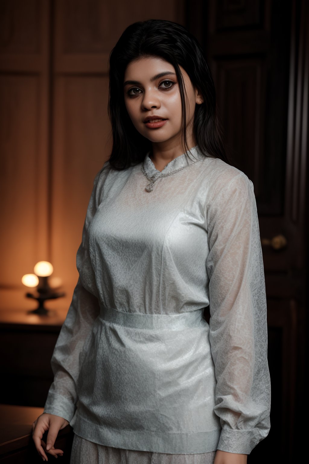 A 28-year-old woman with plump features stands majestically in a dimly lit room,  bathed in neon lights and glowing accents. The Fujifilm camera captures every detail, showcasing vibrant colors and mesmerizing eyes radiating an inner light. She wears a blouse and gown:1.4, , accessorized by a gleaming diamond pendant, the futuristic setting. The photorealistic lighting and composition,