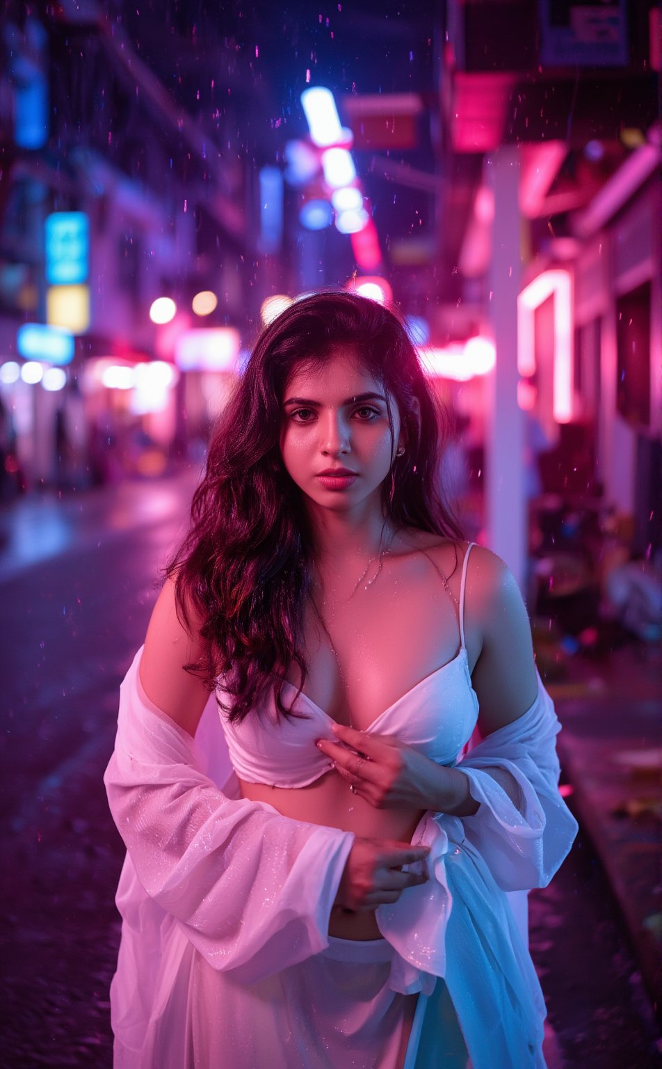 A stunning cyberpunk scene unfolds: a beautiful girl, Sree, stands confidently in the rain-soaked night, midriff exposed beneath a silky anarkali dress. Her sad face is bathed in good lighting, with a dynamic angel pose accentuating her curves. A flare of neon light illuminates her upper body, contrasting with the wetness of her skin and face. In the background, a futuristic mallu setting glows softly, with bokeh effects capturing the city's vibrant energy. Her white shirt glistens with raindrops, as she stands resolute against the urban room 