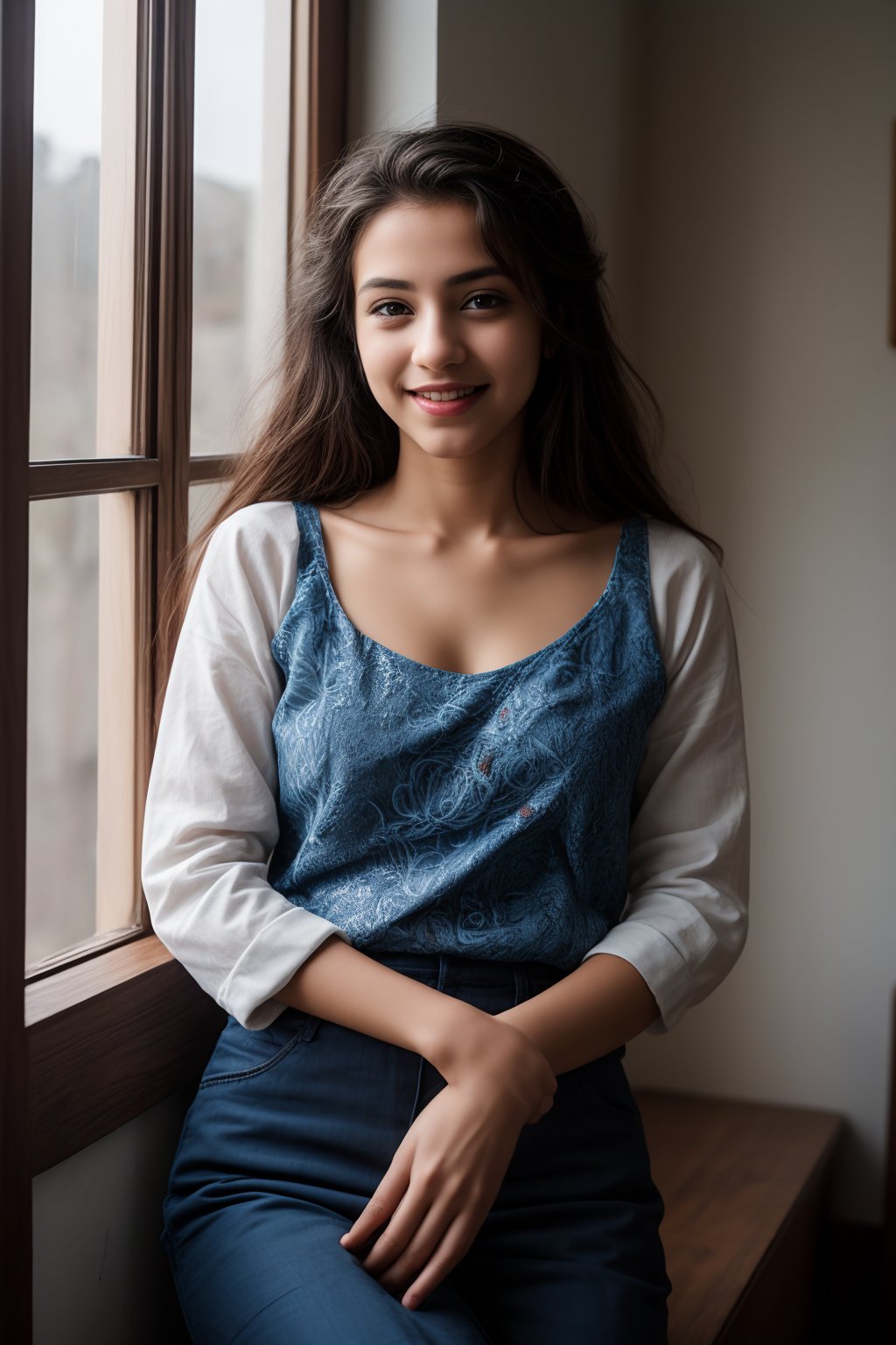 stunning young woman poses confidently in a bright, sunlit room. She wears an ACMM SS outfit with a striking blue top adorned with intricate designs. The camera frames her from the chest up, highlighting her radiant smile and sparkling eyes. Soft, golden light illuminates her face, while the surrounding space is subtly blurred to emphasize her beauty.