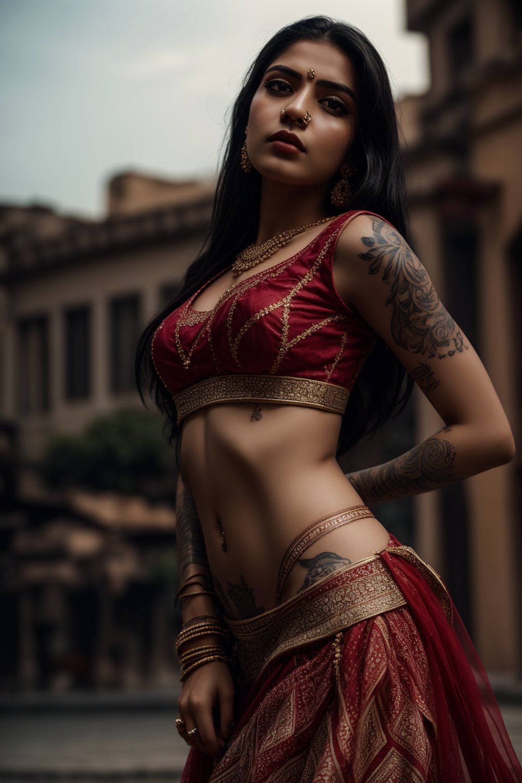 1girl, accessories, piercing , lip piercing , misterious, masterpiece, best quality, dynamic angle, cinematic composition, lehenga,  tattoo 