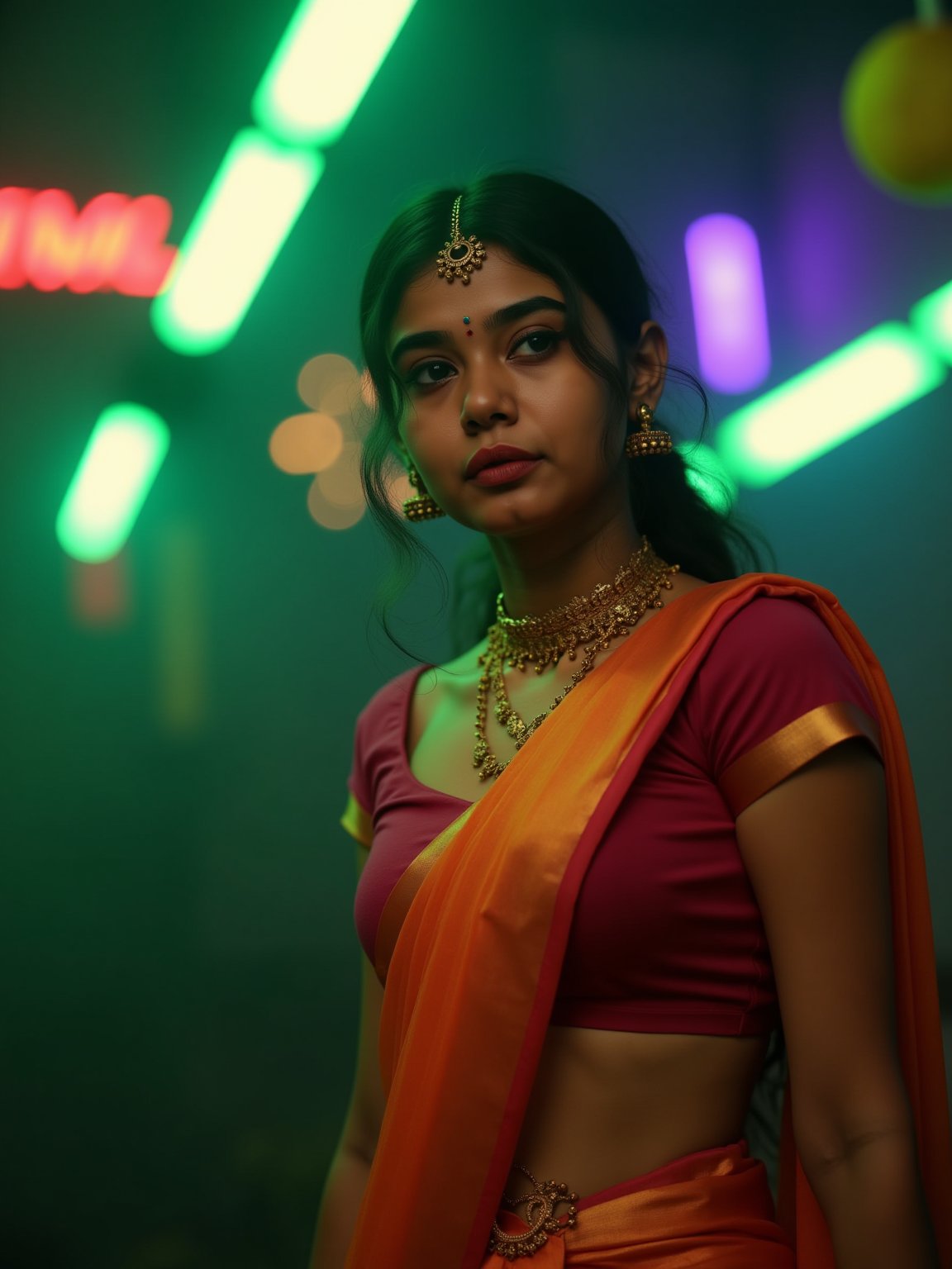 A mallu steampunk women, saree, midriff, The atmosphere is fun and inviting, featuring colors like teal and orange, gray, light green, purple, and orange. Neon lights in green illuminate the space, creating a bokeh and Depth of Fieldeffect. The focus is on the girl from the torso to the head, captured in a cinematic style with a Sony A7R IV full-frame camera,Futuristic,Girl16yo