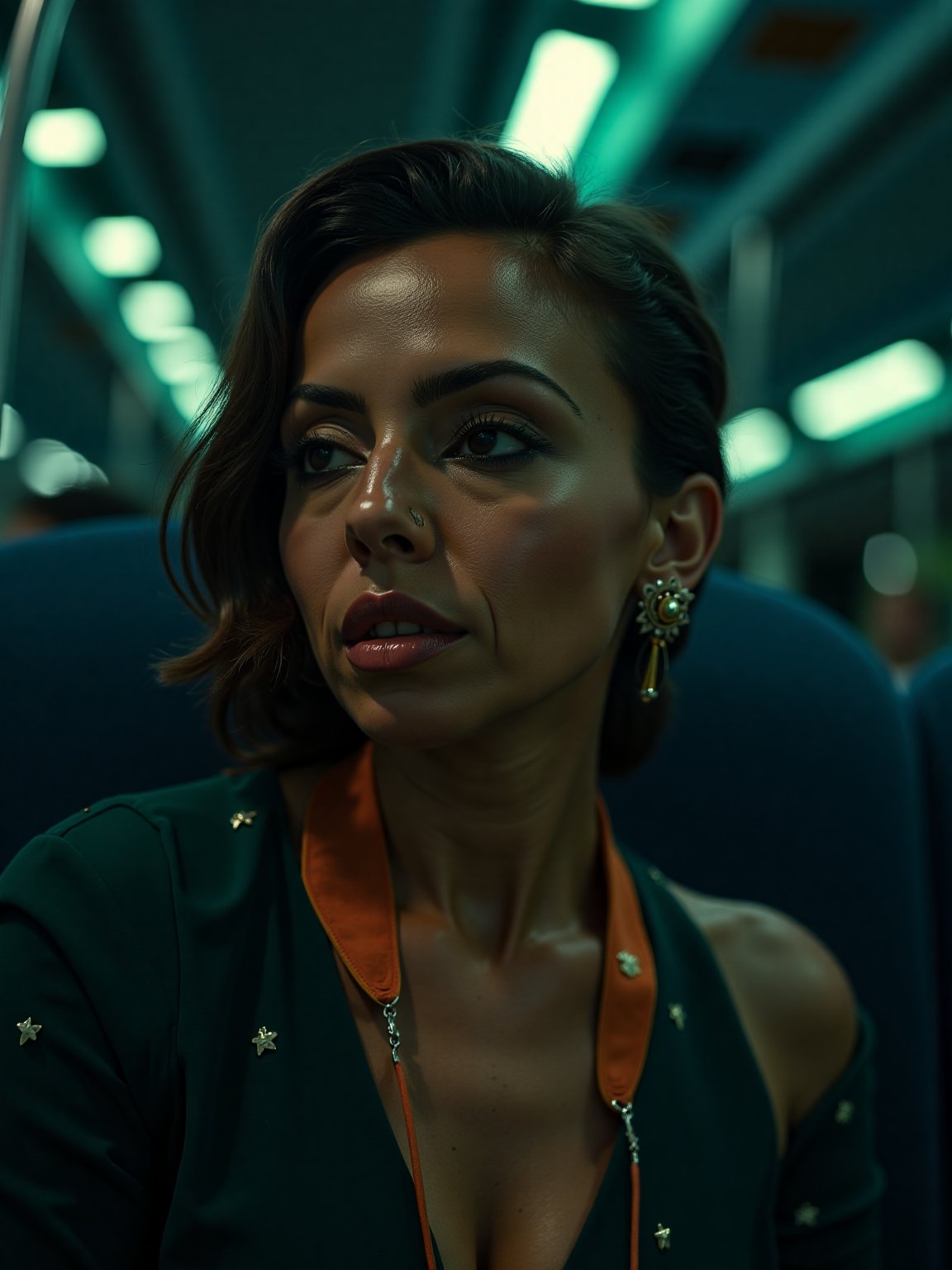 A beautiful Russian  women in a train,  morden dress, futuristic atmosphere, realistic  raw photo, details, 32k, cinematic color grading, skin texture, Teal and orange color lighting,Mallu woman