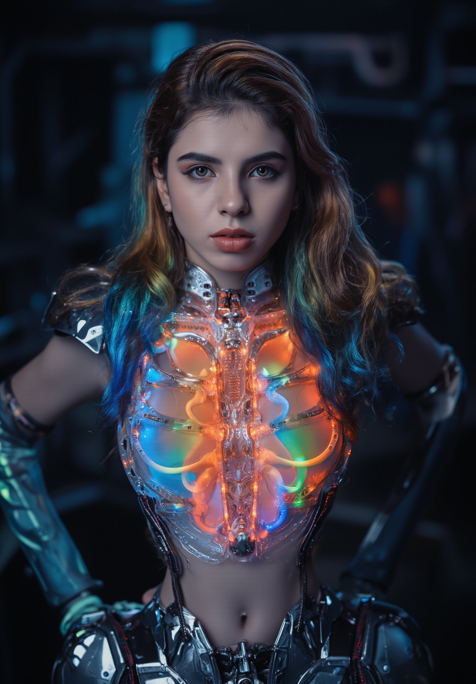 photorealistic,portrait of hubggirl, A dramatic shot unfolds against a dark, smoky backdrop, a stunning cybernetic girl stands tall within a docking station's metallic confines. She gazes intensely through enhanced sensory capabilities, her porcelain skin illuminated by the glass rib cage's soft glow and refracted holographic projections. Rainbow-hued hair cascades down her back in an asymmetrical long style, as neon cables and gears pulse inside her transparent torso. A Special Operator robot reclines nearby, its silver locks falling in elegant waves down its armored physique. The scene is set against the ruins of a futuristic mining facility, with bioluminescent attire casting a soft glow on the glass warrior woman's transparent torso, highlighting intricate Rococo-inspired cyberpunk details and delicate ruffles adorned with metallic sheen.,Sree