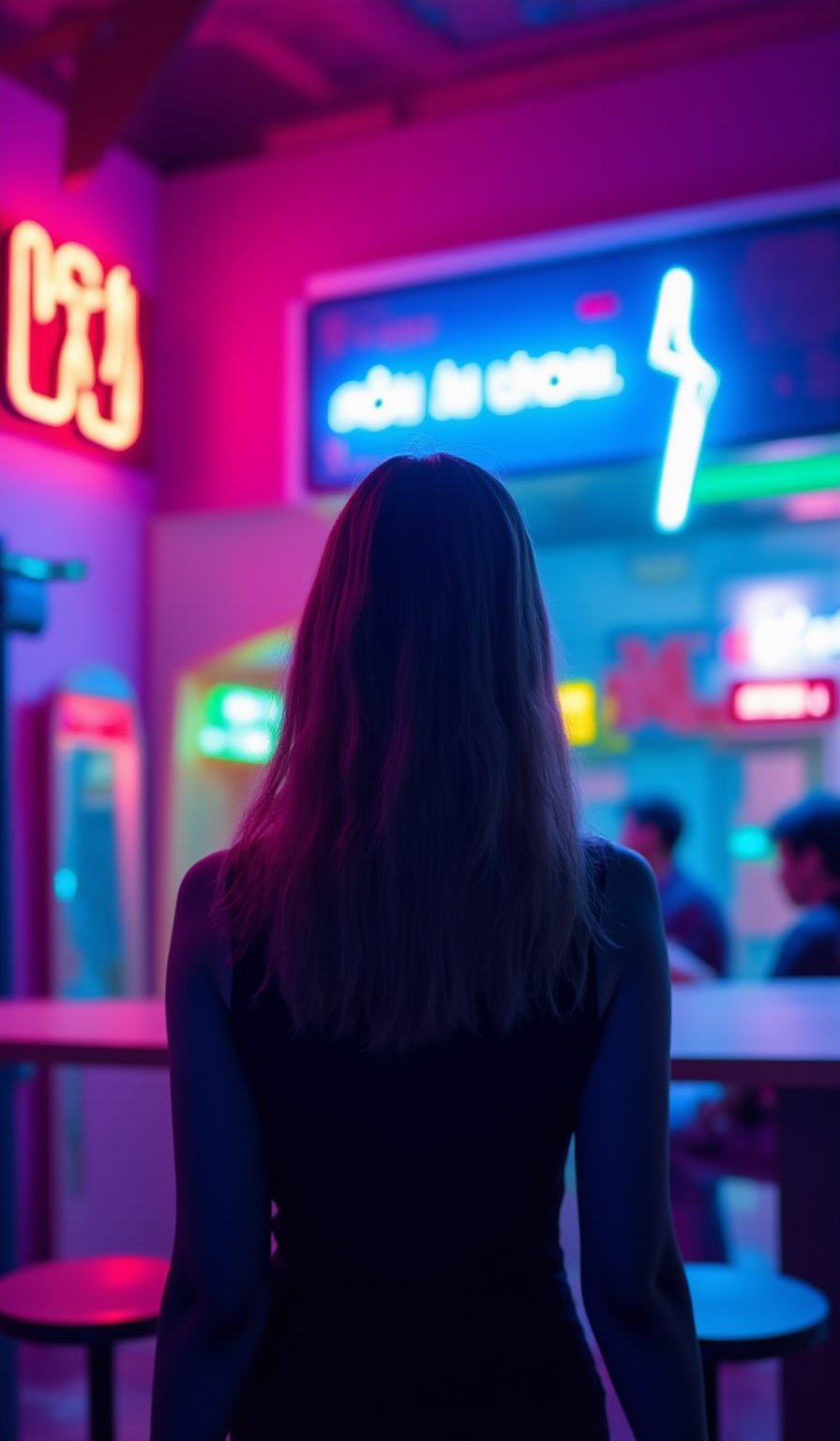 The atmosphere is fun and inviting, featuring colors like black, blue, dark blue, dark purple, gray, light green, purple, and orange. Neon lights in pink, blue, and green illuminate the space, creating a bokeh and Depth of Fieldeffect. The focus is on the girl from the torso to the head, captured in a cinematic style with a Sony A7R IV full-frame camera,Busty