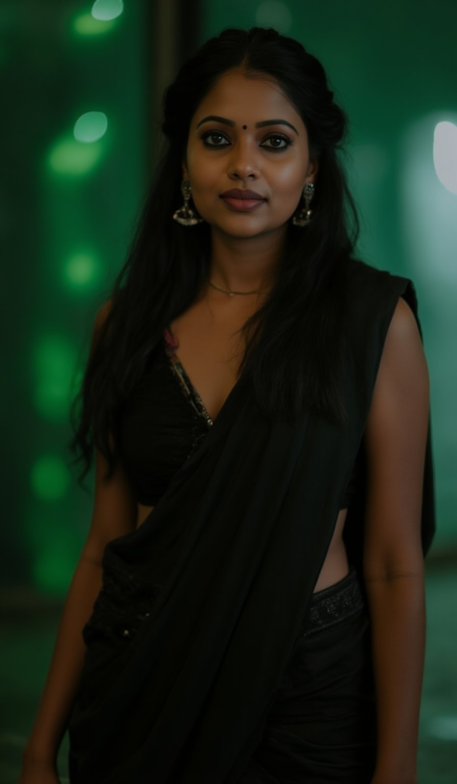 A photorealistic portrait of an Indian woman in her late 20s with dark brown skin, long straight black hair, and sharp features. She is dressed in a sleek black saree with futuristic, tech-inspired accessories. Her eyes  giving her a mysterious, powerful look. The background is a dark, cyberpunk cityscape with green digital rain falling behind her, reminiscent of the Matrix. The lighting is low, with glowing neon lights reflecting off her leather outfit, enhancing the dramatic, action-movie atmosphere.
