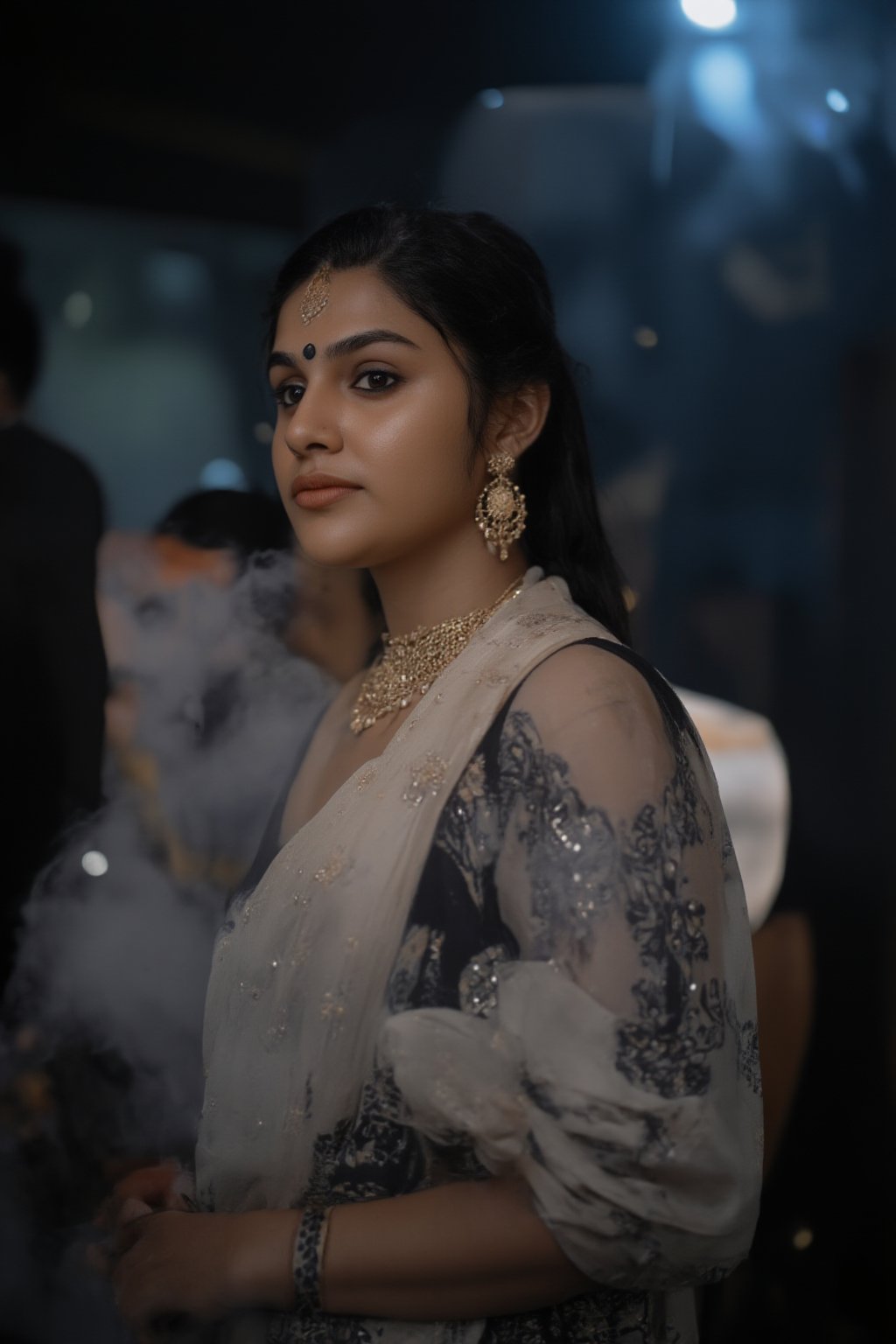 A close-up shot of a Indian woman in a black and white saree, adorned with gold earrings and a gold necklace. The woman's hair is pulled back in a ponytail, adding a touch of color to her face. The background is blurred, creating a stark contrast to the woman's outfit. The saree she is wearing is cream in color, with a black pattern on it. She is wearing a cream scarf around her waist, adding texture to her outfit.,Fantasy cosplay,Tran A dramatic shot, smoky backdrop, a stunning cybernetic girl, metallic confines. She gazes intensely through enhanced, hair soft glow and refracted holographic,