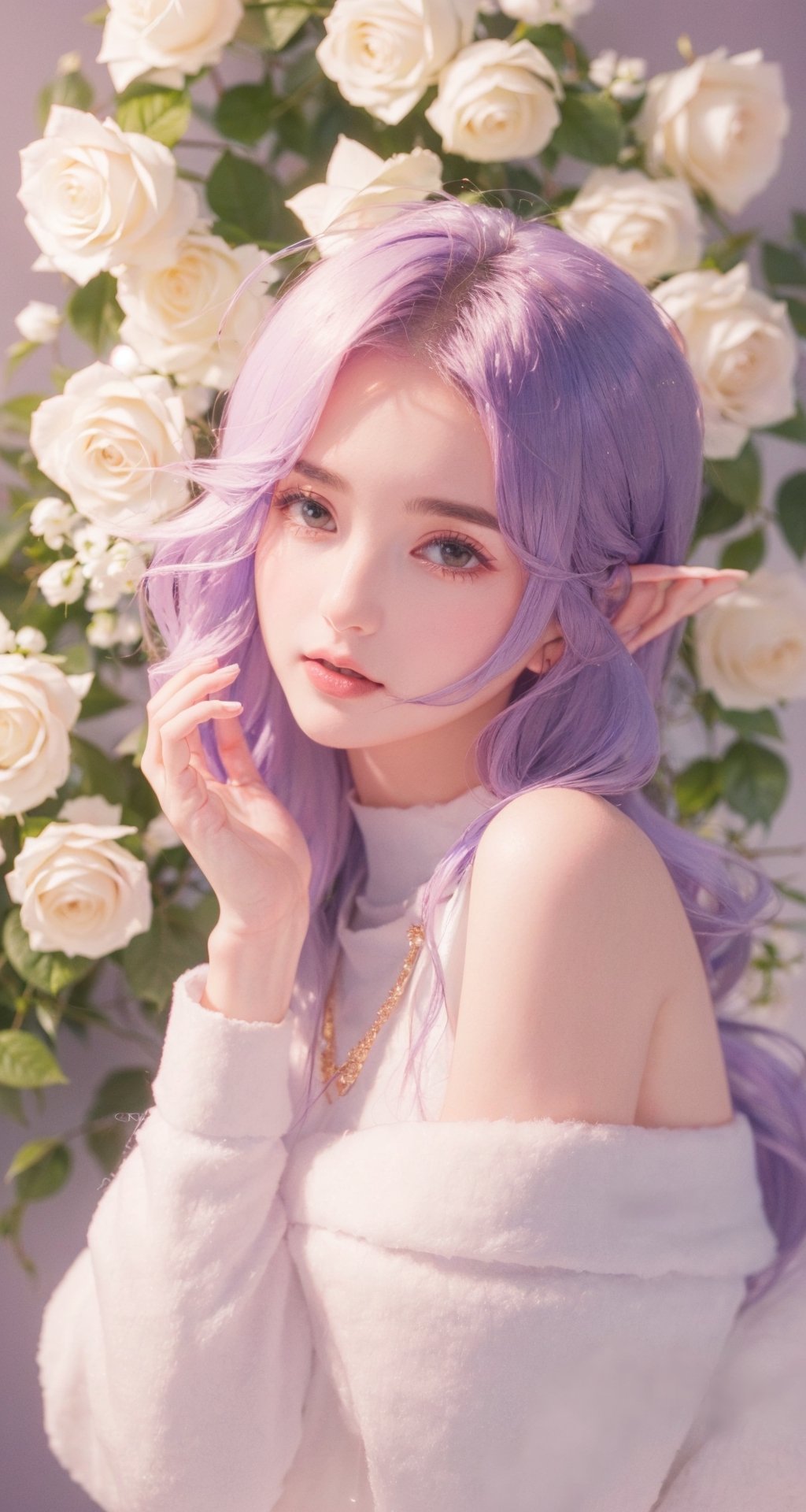 impressionist masterpiece:1.5),  (best quality:1.5),  (detailed face,  detailed eyes,  detailed body,  detailed hands,  detailed clothes,  detailed background:1.5),  (masterpiece,  best quality,  highres:1.3),  ultra resolution image,  (1girl),  light_white_hair,  light purple eyes, elf ears, elf, purple choker, golden necklace, a crystal horn in the middle of her forehead, a purple flower in her hair, an elegant purple dress, a deep neckline, a white fluffy scarf wrapping her arms, let them be seen shoulders, white roses in the background