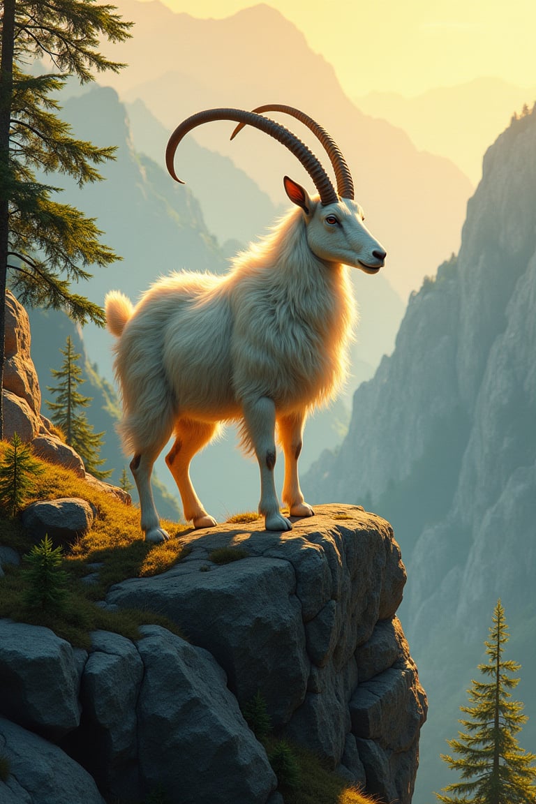 In the grand tradition of Arthur Rackham, Yoshitaka Amano, and Viennese Secession, a majestic mountain goat stands proudly on a rocky outcrop, its powerful form bathed in the warm glow of chiaroscuro lighting. The surrounding landscape unfurls like a tapestry, with rolling hills and towering mountains stretching towards the horizon under a soft, golden light. Delicate brushstrokes render the goat's flowing fur, while intricate patterns and stylized trees evoke the mystical atmosphere of the Viennese Secession. Rackham's influence is evident in the textured textures and whimsical details woven throughout the scene. The composition is balanced, with careful attention to proportion and perspective, creating a harmonious visual experience. Shadows dance across the rocky outcropping, adding depth and dimension to this serene and awe-inspiring tableau.