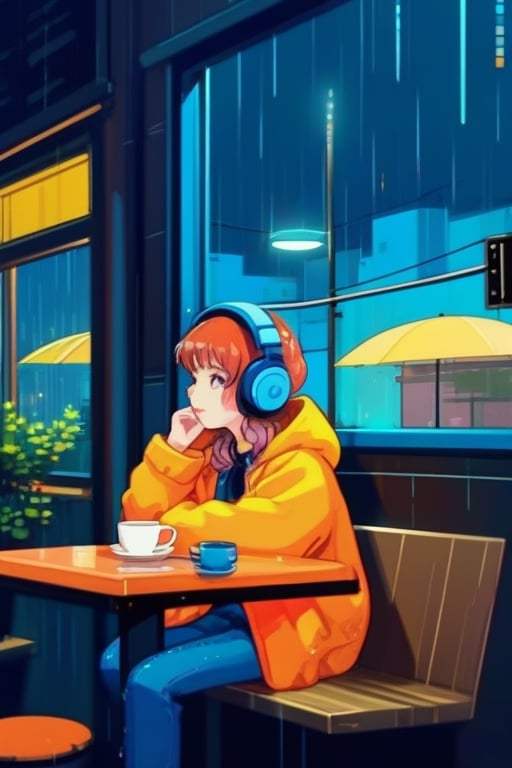 lofi anime, 1 girl,Wearing headphone street fashion, sitting in coffee shop, rainy days, windows,lofi style,Pixel Art,lofi,flat design,illustration,anime,anime style