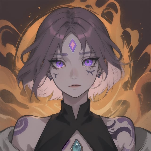 short hair, dark purple hair, grey eye, horn, gem iring, forehead mark, center_opening, center, flowing eyes, dark aura, cheek tattoo 