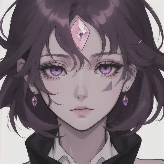 short hair, dark purple hair, grey eye, horn, gem iring, forehead mark, center_opening, center