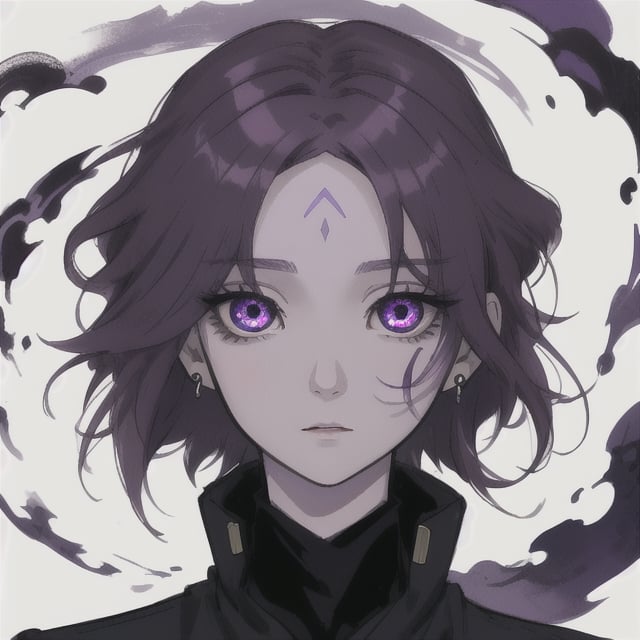 short hair, dark purple hair, grey eye, horn, gem iring, forehead mark, center_opening, center, flowing eyes, dark aura