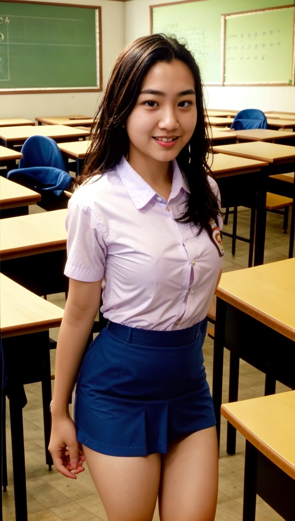 sm4c3w3k, 18 years old, very realistic face, mini skirt, tight uniform, ultra detailed, cinematic, in the classroom, full body, sm4c3w3k