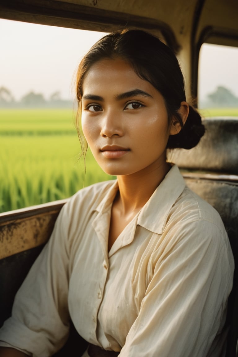 18 year old woman with a beautiful, very detailed face, short straight hair wet after shampooing, ((wet hair)), natural eyes, wearing a school uniform, ((thin man, mature face with loose shirt, white mustache)), ( ((sitting together in the passenger seat of an angkot))), on the bus, indoors, crowd, sunrise view, cinematic light, still film, Silent Film, working as villagers in the rice fields, Silent Film, Cinematic, Cinematic Shot, Cinematic Lighting