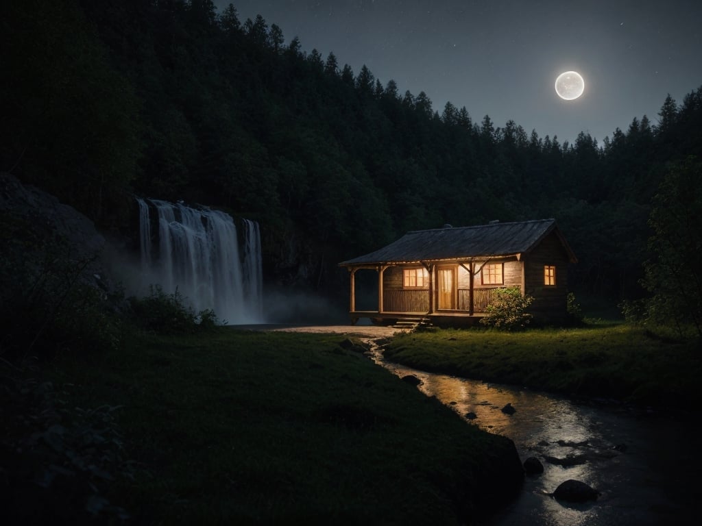 photography, full moon at night, there is a small dark house, views of the surrounding forest, hyperrealistic waterfall shadows, cinematic lighting, 8d