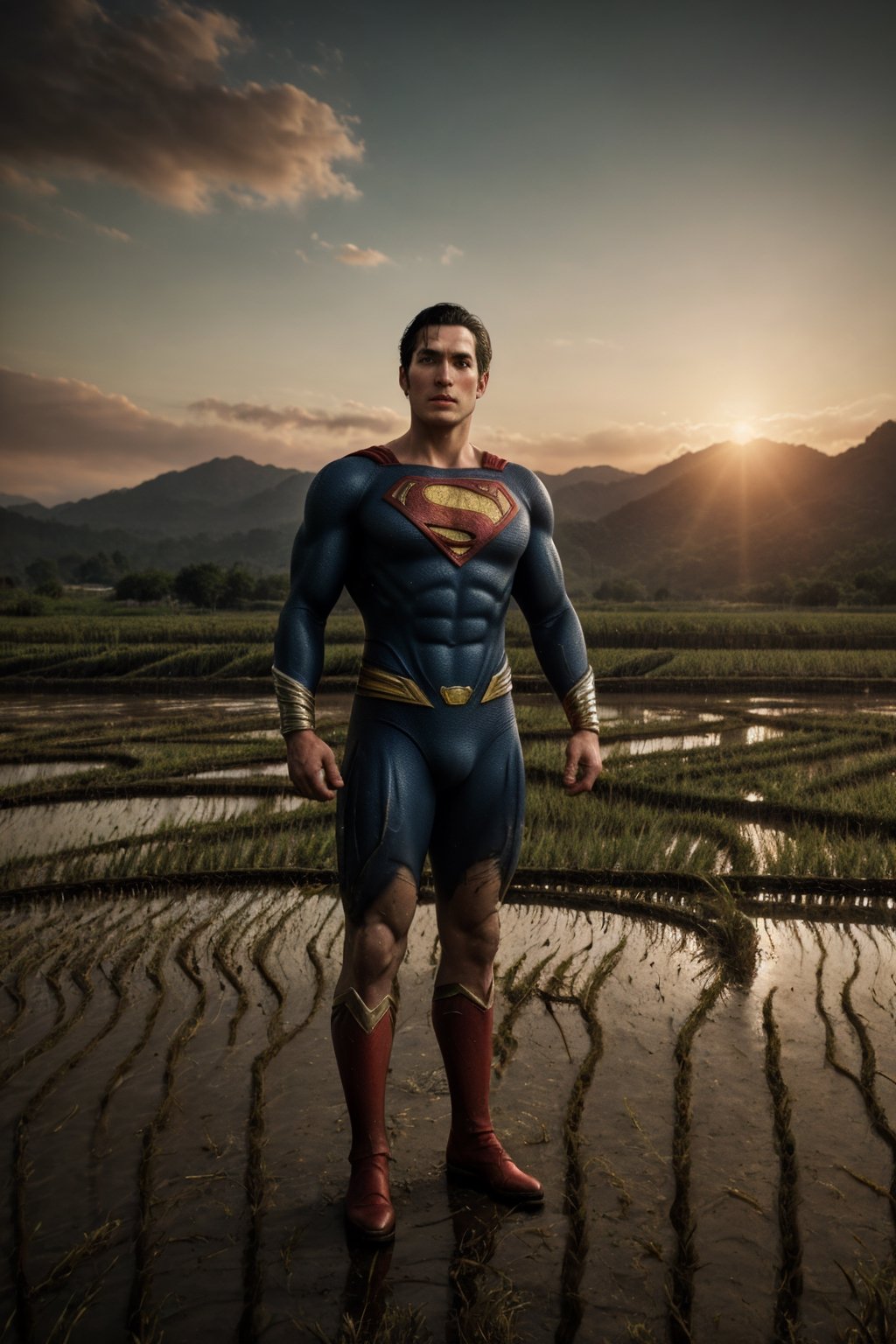 full body, exquisite details of Superman, torn costume, in the rice fields, simple background, cinematic photography, super realistic images with super high details, super high quality images ultra HDR 4k, masterpiece