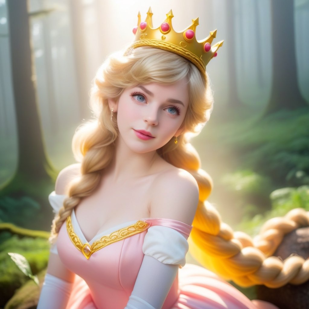 best quality, masterpiece, upper body, sun light, (bust shot), realístic, highly detailed face and eyes, 
(adult:1.6) Princess peach dress, crown, (smirk:0.4), braided golden hair, floating light particles, centered, surrounding by fog, in the dark forest,ellafreya,