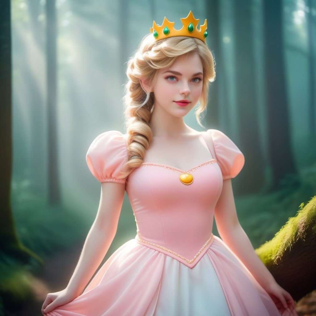 best quality, masterpiece, upper body, sun light, (close-up shot), realístic, highly detailed face and eyes, 
(adult:1.6) Princess peach dress, crown, (smirk:0.4), braided golden hair, floating light particles, centered, surrounding by fog, in the dark forest,ellafreya,