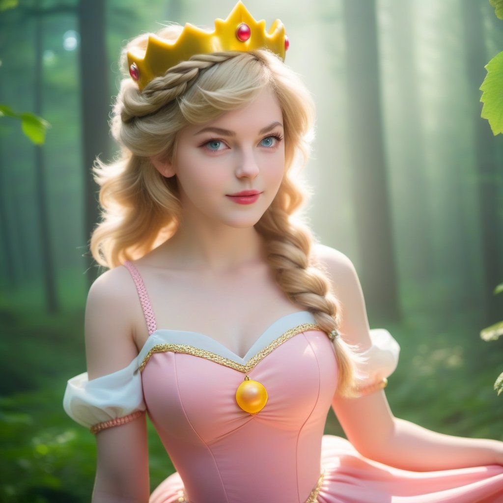 best quality, masterpiece, upper body, sun light, ((close-up shot)), realístic, highly detailed face and eyes, 
(adult:1.6) Princess peach dress, crown, (smirk:0.4), braided golden hair, floating light particles, centered, surrounding by fog, in the dark forest,ellafreya,