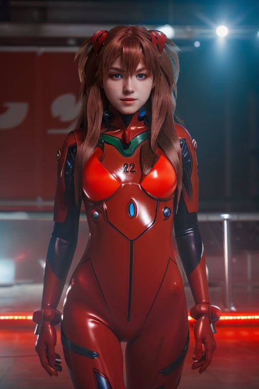 (bust shot photo of shirogane), 8K, blue eyes, nightclub background, asuka cosplay, professional photo, photo, photorealism, modelshoot style, red plugsuit, bokeh